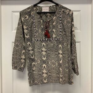 Beautiful Stories Print & Beaded  Boho Peasant Tassel Blouse S